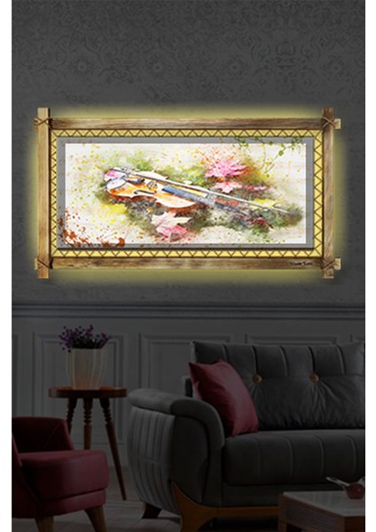 Marsilyan- Keman LED Işıklı Rustik Kanvas Tablo B