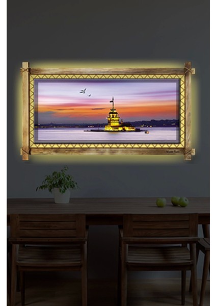 - Kız Kulesi LED Işıklı Rustik Kanvas Tablo B