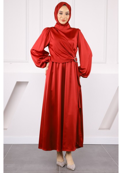 Bordo Yan Toka Bağlamalı Saten Elbise