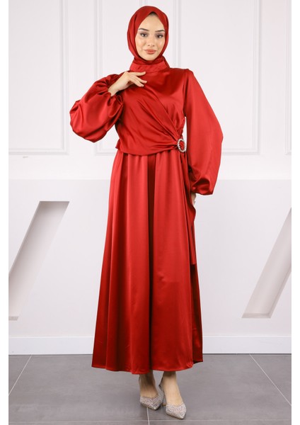 Bordo Yan Toka Bağlamalı Saten Elbise fiyatları