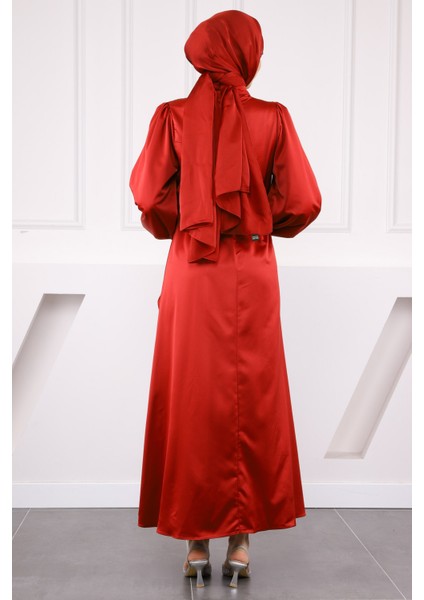 Bordo Yan Toka Bağlamalı Saten Elbise modelleri