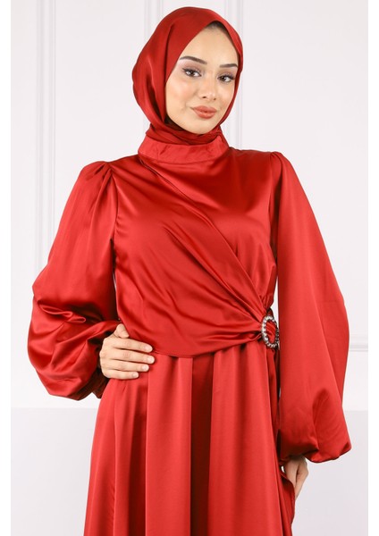 Bordo Yan Toka Bağlamalı Saten Elbise fırsatları