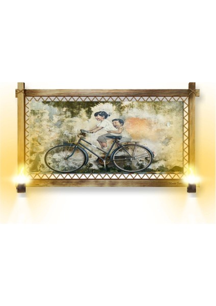 - Rustik Işıklı Bisikletli Çocuk Kanvas Rustik Tablo K