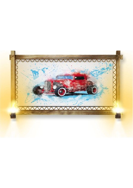 Marsilyan- Rustik Işıklı Kırmızı Antika Kanvas Rustik Tablo O