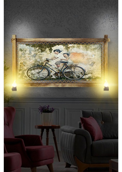 - Rustik Işıklı Bisikletli Çocuk Kanvas Rustik Tablo K fiyatları