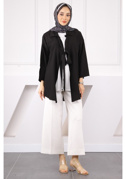 Siyah Ön Bağlamalı Içlikli Kimono 2'li Takım