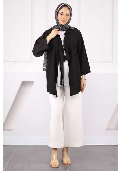Siyah Ön Bağlamalı Içlikli Kimono 2'li Takım