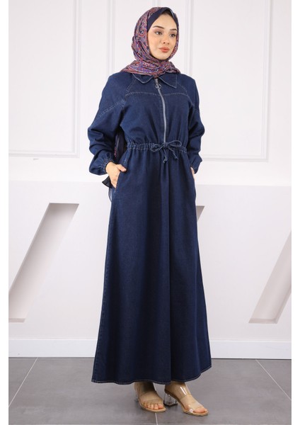 Koyu Mavi Ön Fermuarlı Bel Büzgülü Kot Elbise