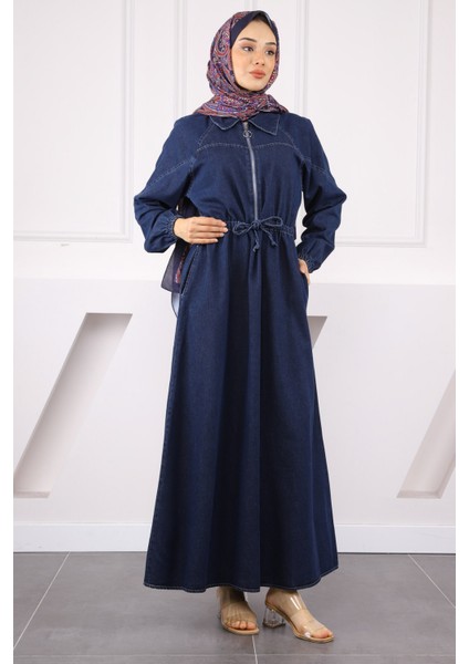 Koyu Mavi Ön Fermuarlı Bel Büzgülü Kot Elbise fiyatları