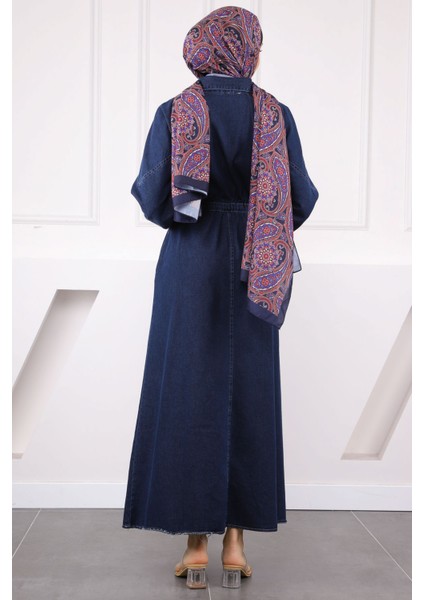 Koyu Mavi Ön Fermuarlı Bel Büzgülü Kot Elbise modelleri