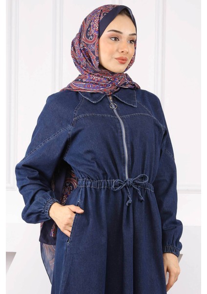 Koyu Mavi Ön Fermuarlı Bel Büzgülü Kot Elbise fırsatları