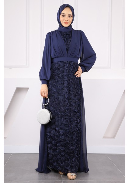 Lacivert Şifon Gül Garnili Abiye