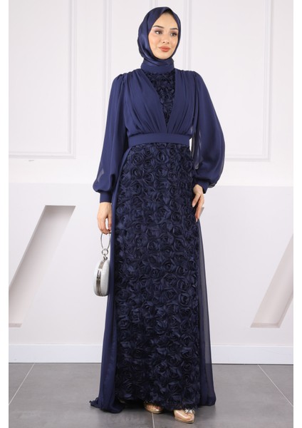 Lacivert Şifon Gül Garnili Abiye fiyatları