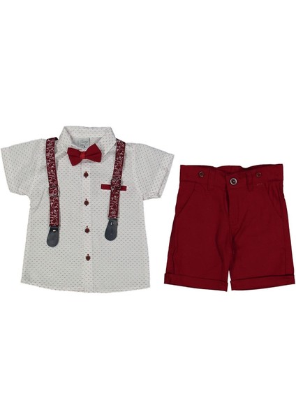 Erkek Çocuk Beyaz Desenli Gömlekli Kırmızı Şortlu Papyonlu Askılı Takım - 1014143