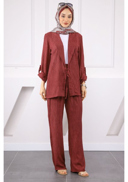 Bordo Ön Bağlamalı Kimono Pantolonlu Takım