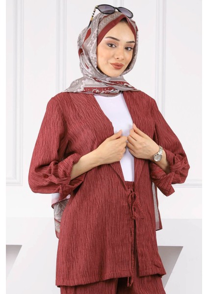 Bordo Ön Bağlamalı Kimono Pantolonlu Takım fırsatları