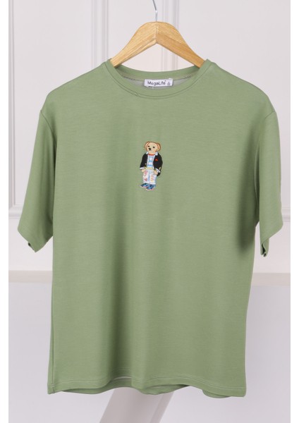 Haki Nakışlı Modal Kısa Kol T-Shirt