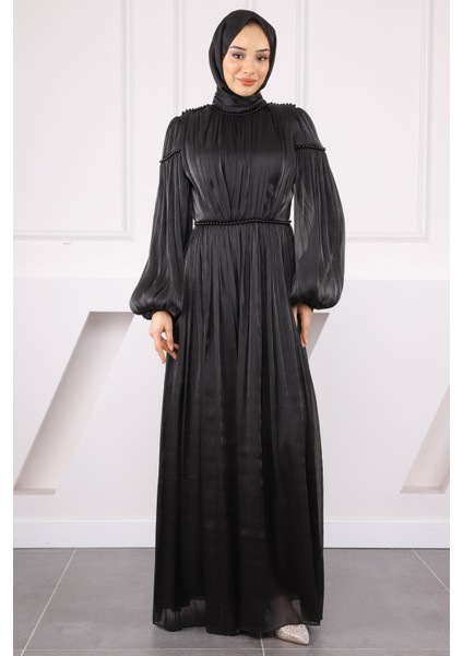 Siyah Balon Kol Piliseli Şifon Abiye fiyatları