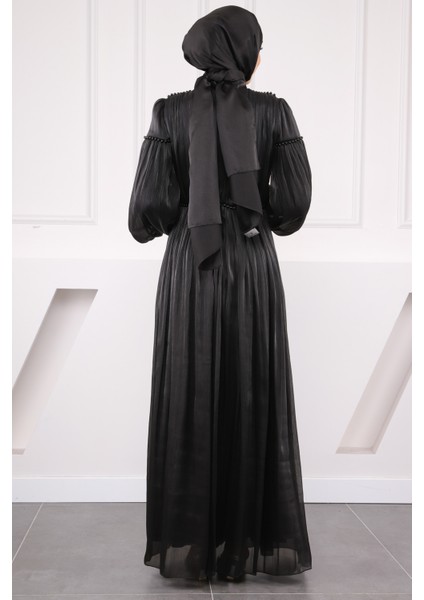 Siyah Balon Kol Piliseli Şifon Abiye modelleri