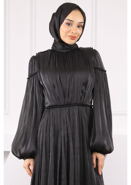 Siyah Balon Kol Piliseli Şifon Abiye fırsatları