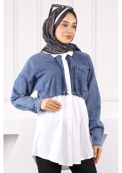 Koyu Mavi Bel Lastikli Gömlek Garnili Kot Gömlek