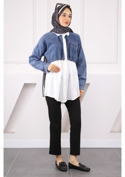 Koyu Mavi Bel Lastikli Gömlek Garnili Kot Gömlek modelleri