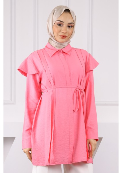 Pembe Omuz Detaylı Bel Bağlamalı Tunik