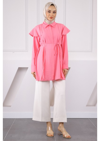 Pembe Omuz Detaylı Bel Bağlamalı Tunik