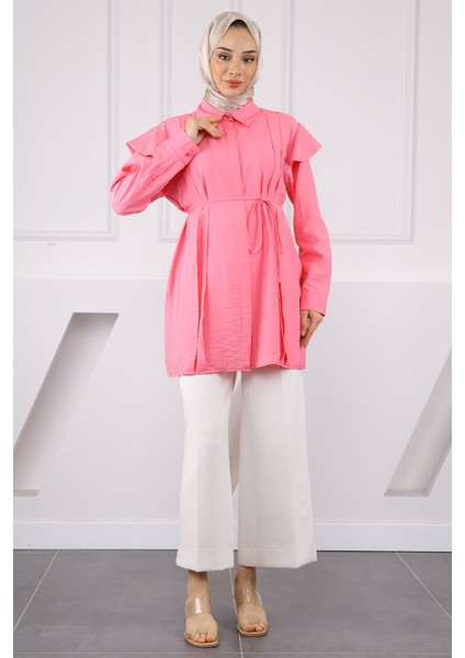 Pembe Omuz Detaylı Bel Bağlamalı Tunik