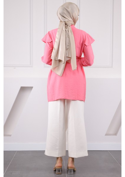 Pembe Omuz Detaylı Bel Bağlamalı Tunik