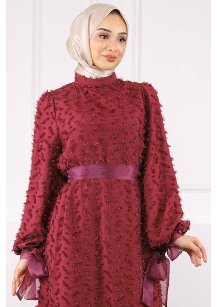 Bordo Kol Bağlamalı Kuşaklı Abiye