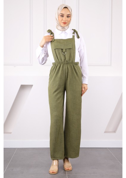 Kadın Haki Keten Tulum Cep Detaylarıyla Modern Dokuma Kumaş 130 cm fiyatları