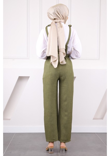 Kadın Haki Keten Tulum Cep Detaylarıyla Modern Dokuma Kumaş 130 cm modelleri