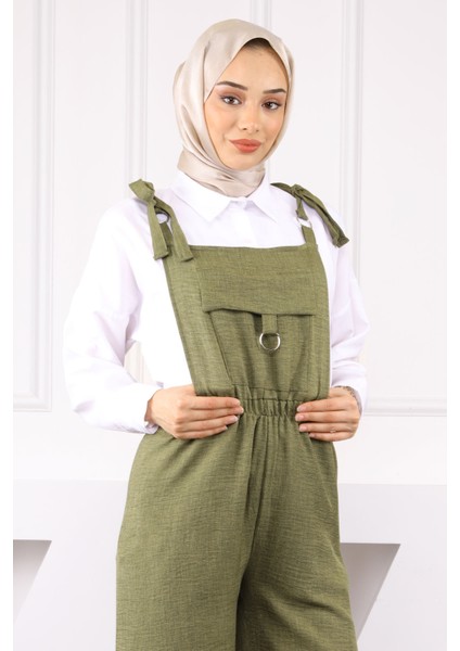 Kadın Haki Keten Tulum Cep Detaylarıyla Modern Dokuma Kumaş 130 cm fırsatları