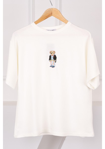 Ekru Nakışlı Modal Kısa Kol T-Shirt