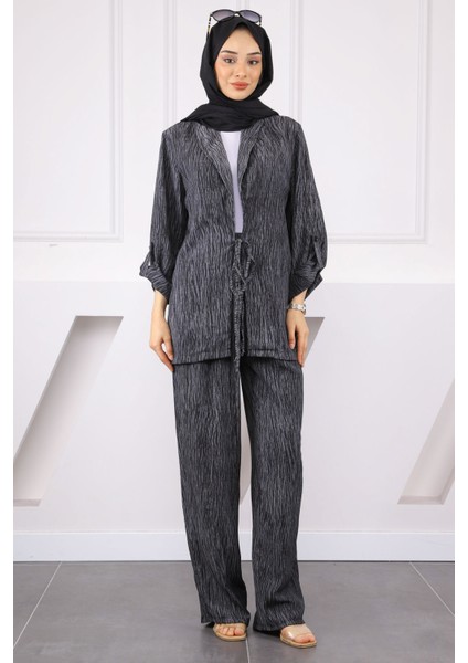 Siyah Ön Bağlamalı Kimono Pantolonlu Takım