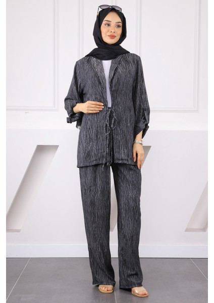 Siyah Ön Bağlamalı Kimono Pantolonlu Takım fiyatları