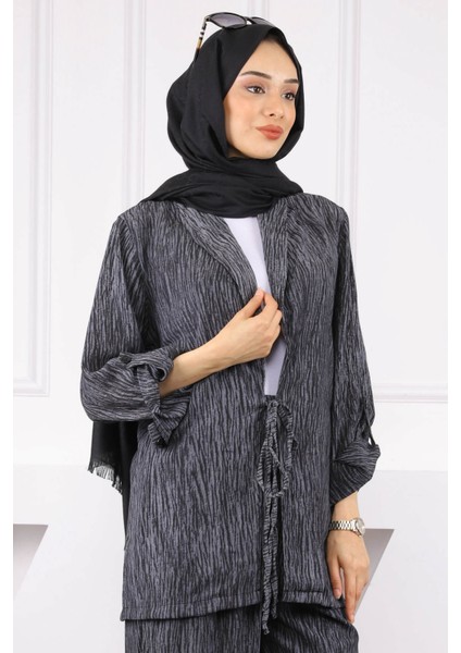 Siyah Ön Bağlamalı Kimono Pantolonlu Takım fırsatları