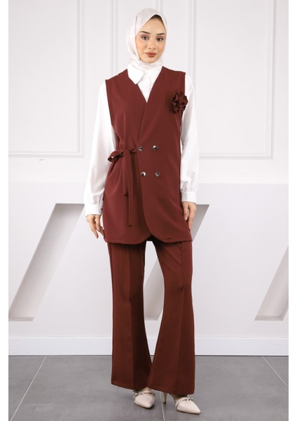 Bordo Gömlek Yelek Pantolonlu 3'lü Kombin Takım