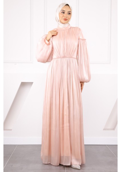 Pudra Balon Kol Piliseli Şifon Abiye