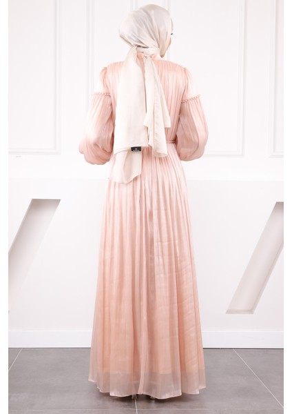 Pudra Balon Kol Piliseli Şifon Abiye modelleri