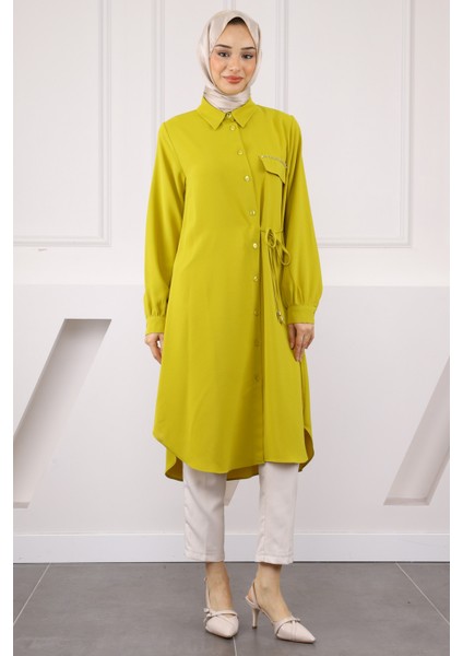 Yağ Yeşili Yan Bağlamalı Linda Tunik
