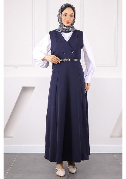 Lacivert Önü Düğmeli Kemerli Jile Elbise
