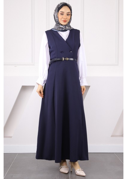 Lacivert Önü Düğmeli Kemerli Jile Elbise fiyatları