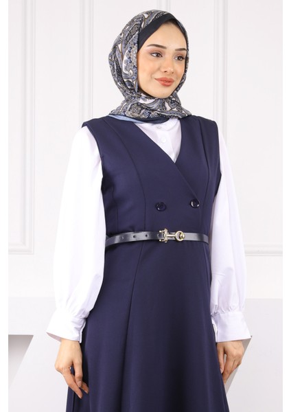 Lacivert Önü Düğmeli Kemerli Jile Elbise fırsatları