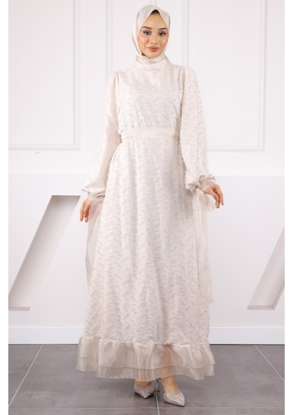 Bej Kol Bağlamalı Kuşaklı Abiye