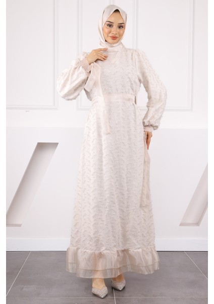 Bej Kol Bağlamalı Kuşaklı Abiye fiyatları