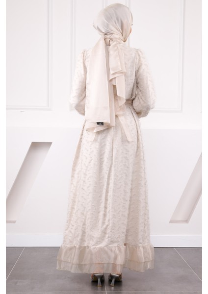 Bej Kol Bağlamalı Kuşaklı Abiye modelleri