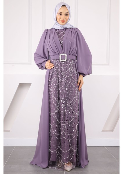 Lila Boncuklu Şifon Abiye