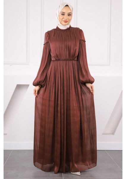 Bordo Balon Kol Piliseli Şifon Abiye